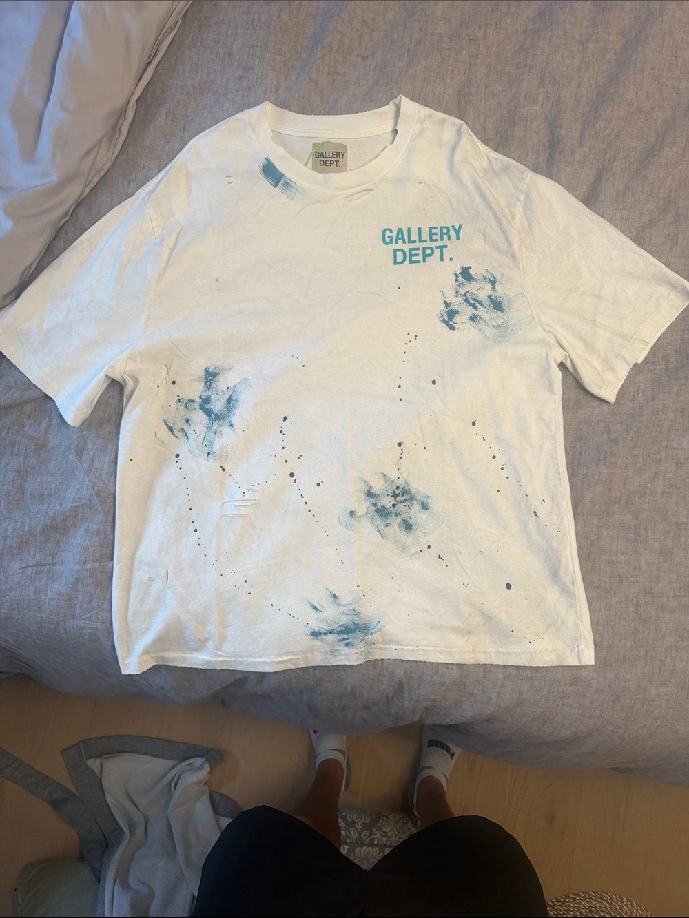 Gallery Dept Distressed White Tee with Teal Paint Splatter